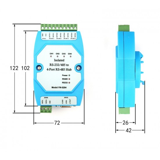 Isolated RS-232/RS485 to 4 Port RS485 Hub Industrial Ethernet module